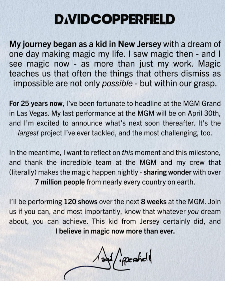 David Copperfield Ends 25-Year MGM Grand Residency April 30th